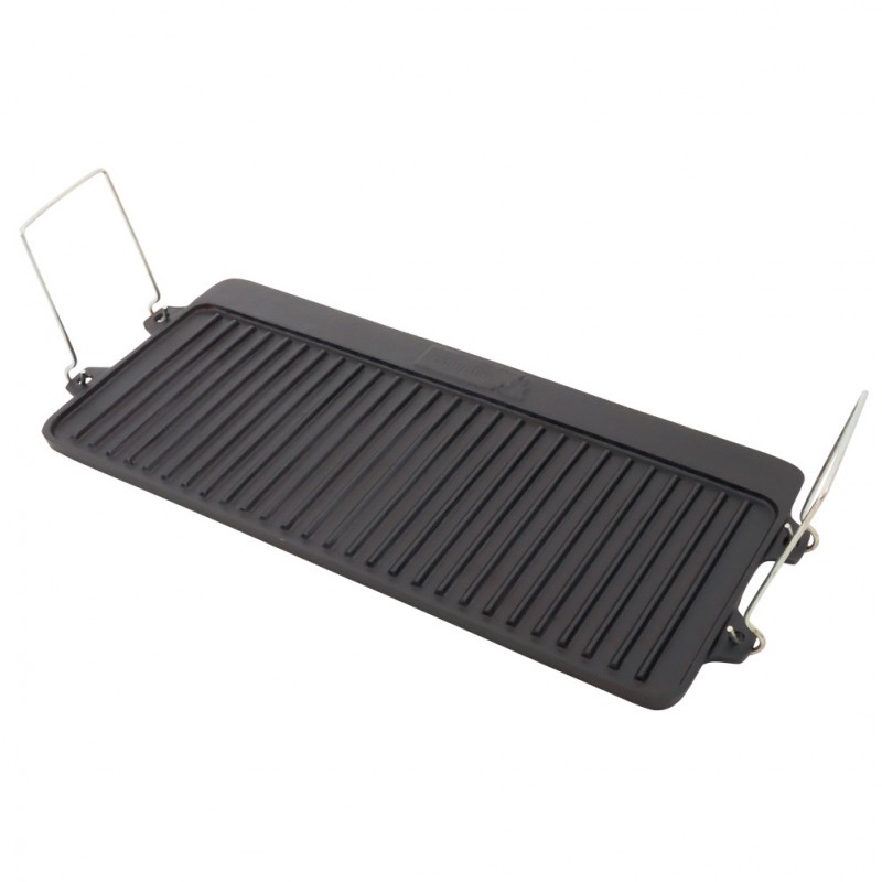 Campfire grill and hotplate combo for 3 burner gas stoves featuring ridged cooking surface and foldable handles designed for camping, outdoor cooking and barbecue meals
