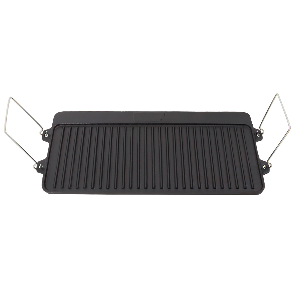 Campfire grill and hotplate combo for 3 burner gas stoves featuring ridged cooking surface and foldable handles designed for camping, outdoor cooking and barbecue meals