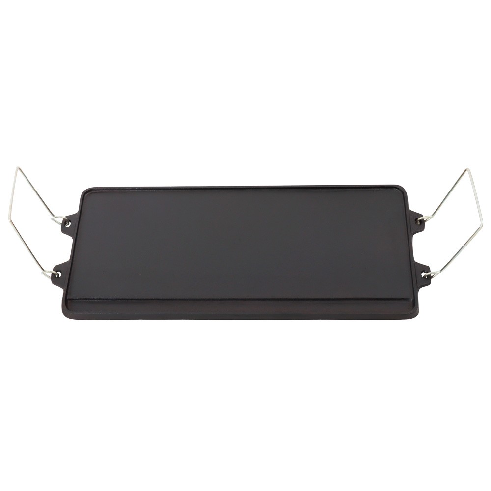 Campfire grill and hotplate combo for 3 burner gas stoves featuring ridged cooking surface and foldable handles designed for camping, outdoor cooking and barbecue meals