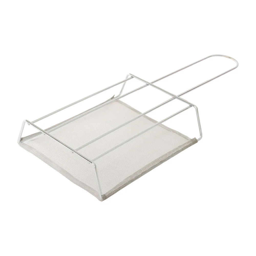 Campfire gauze camp toaster with fine stainless steel mesh cooking surface and long wire handle, designed for toasting bread, sandwiches and flat foods over a campfire or portable stove.