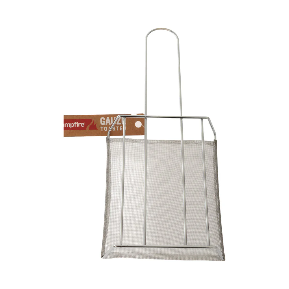 Campfire gauze camp toaster with fine stainless steel mesh cooking surface and long wire handle, designed for toasting bread, sandwiches and flat foods over a campfire or portable stove.