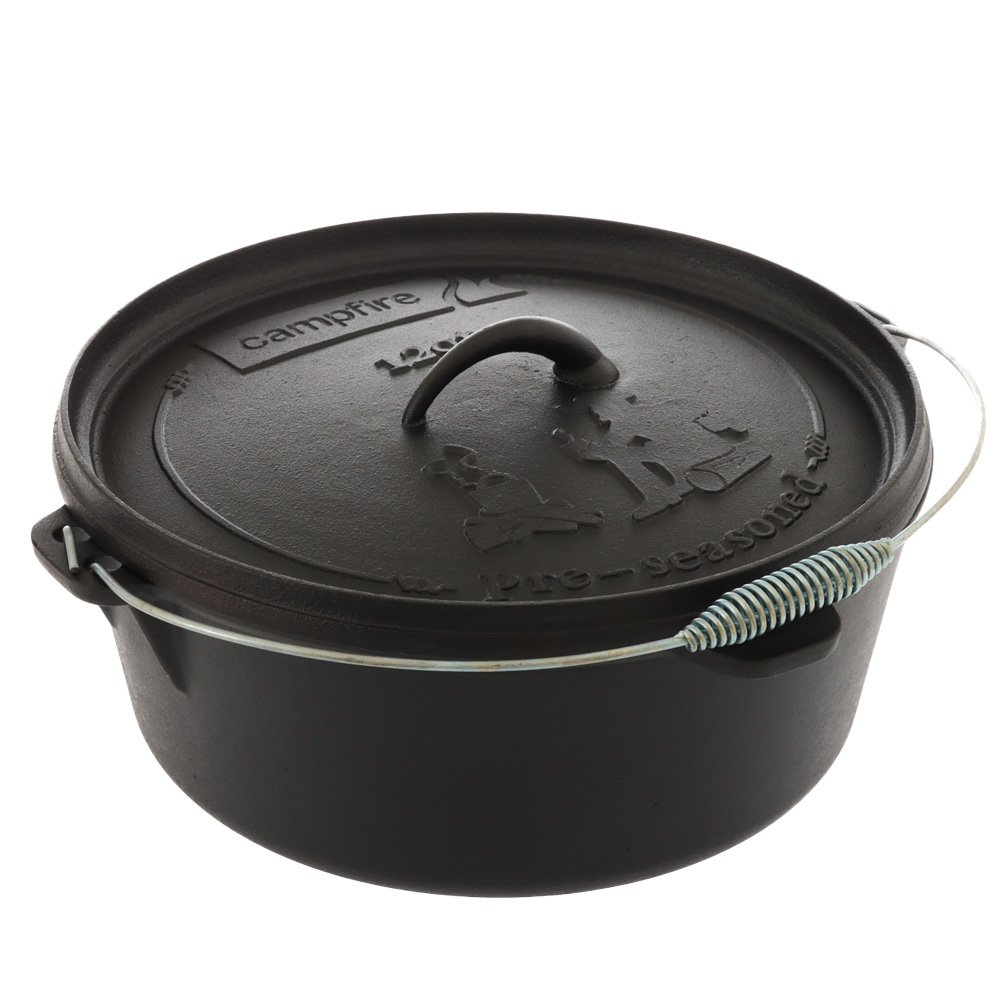 Campfire pre-seasoned 12 quart cast iron camp oven with heavy-duty lid and carry handle designed for camping, outdoor cooking, baking and campfire meal preparation