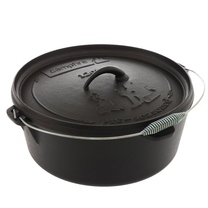 Campfire pre-seasoned 12 quart cast iron camp oven with heavy-duty lid and carry handle designed for camping, outdoor cooking, baking and campfire meal preparation