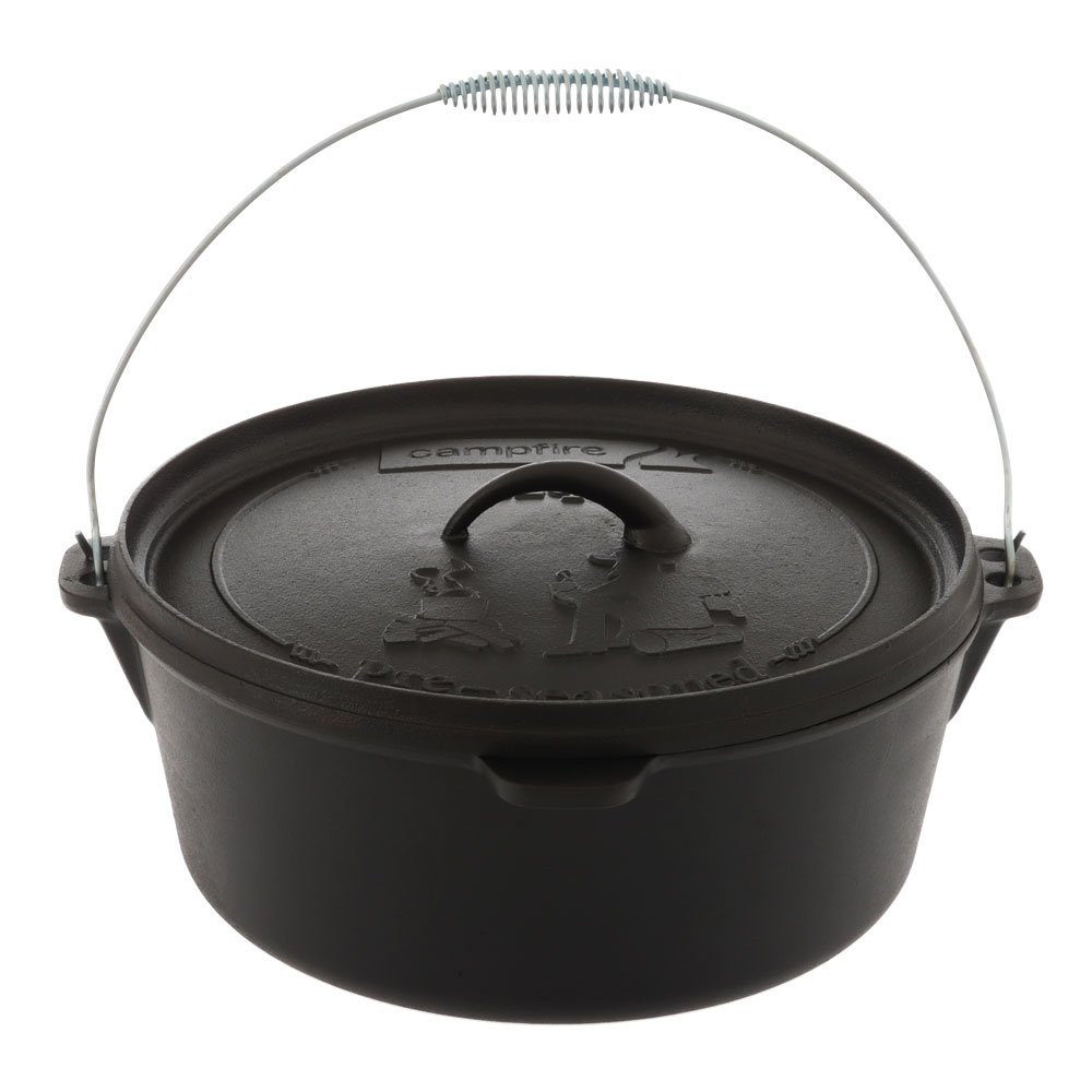 Campfire pre-seasoned 12 quart cast iron camp oven with heavy-duty lid and carry handle designed for camping, outdoor cooking, baking and campfire meal preparation