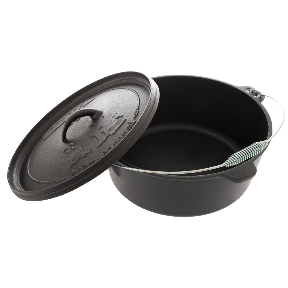 Campfire pre-seasoned 12 quart cast iron camp oven with heavy-duty lid and carry handle designed for camping, outdoor cooking, baking and campfire meal preparation