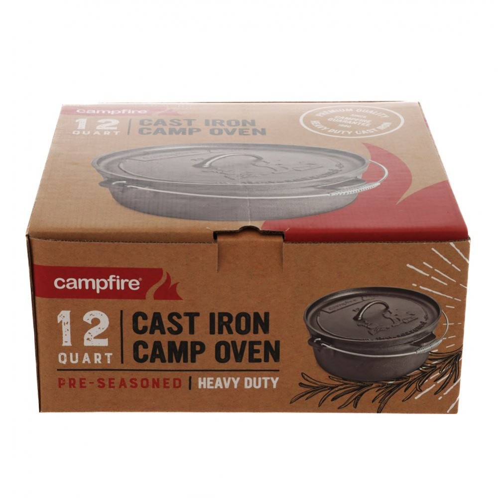 Campfire pre-seasoned 12 quart cast iron camp oven with heavy-duty lid and carry handle designed for camping, outdoor cooking, baking and campfire meal preparation