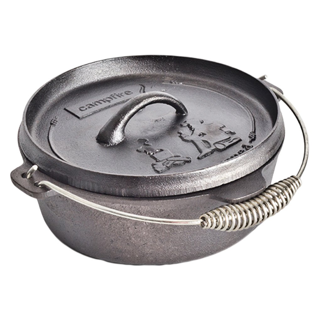 Campfire pre-seasoned 2 quart cast iron camp oven with lid and carry handle designed for outdoor cooking, camping, baking and campfire meal preparation