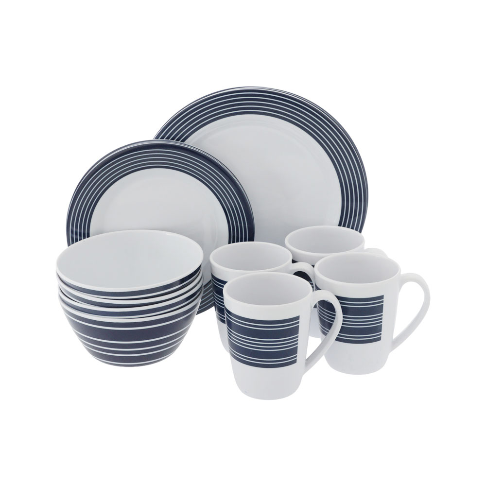 Campfire 16-piece shatter-resistant melamine dinner set with nautical stripe design including plates, bowls and mugs for camping, caravanning and outdoor dining use