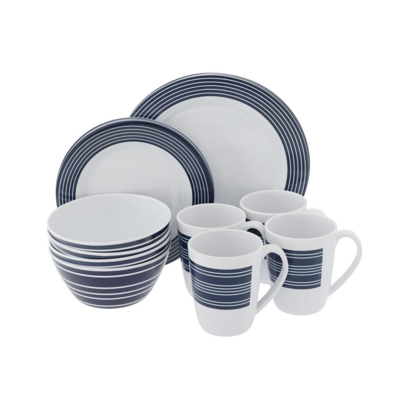 Campfire 16-piece shatter-resistant melamine dinner set with nautical stripe design including plates, bowls and mugs for camping, caravanning and outdoor dining use