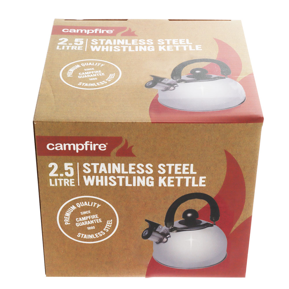 Campfire 2.5L stainless steel whistling kettle with polished finish and heat-resistant handle designed for camping, caravanning and outdoor boiling and cooking use