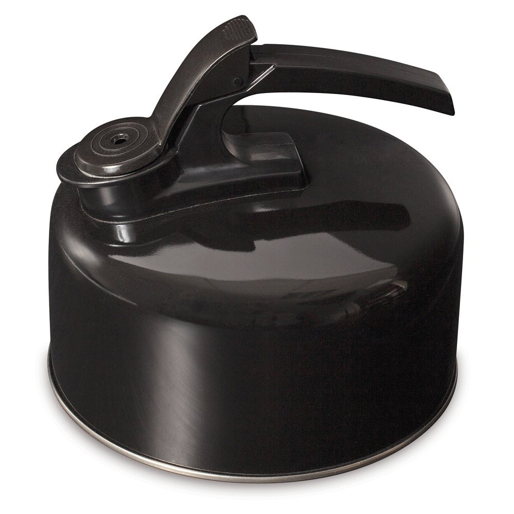 Campfire 2L stainless steel whistling kettle in black with heat-resistant handle designed for camping, caravanning, outdoor cooking and boiling water over camp stoves or fires