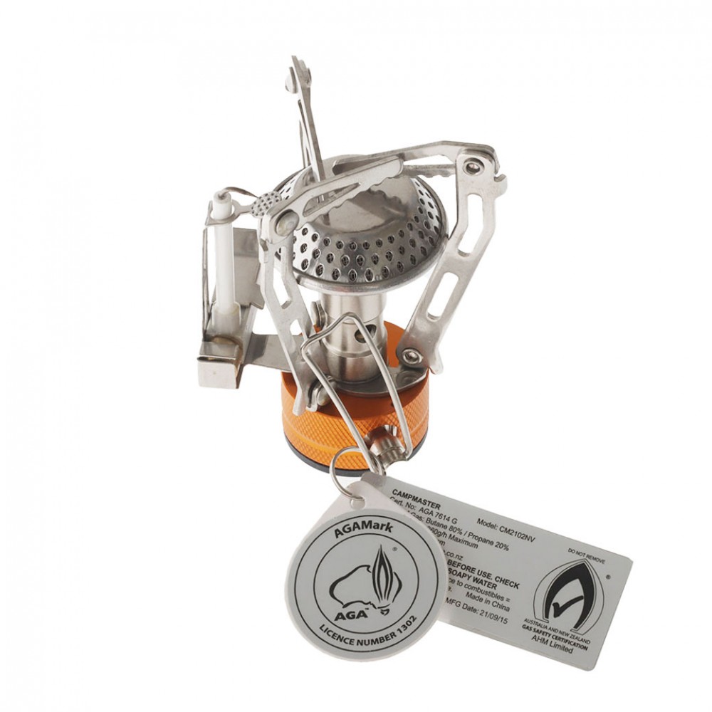 Campmaster Mini Piezo Camping Gas Stove Compact Campmaster mini piezo camping gas stove with foldable stainless steel pot supports and portable burner design.