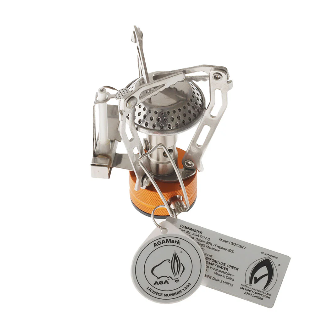 Campmaster Mini Piezo Camping Gas Stove Compact Campmaster mini piezo camping gas stove with foldable stainless steel pot supports and portable burner design.