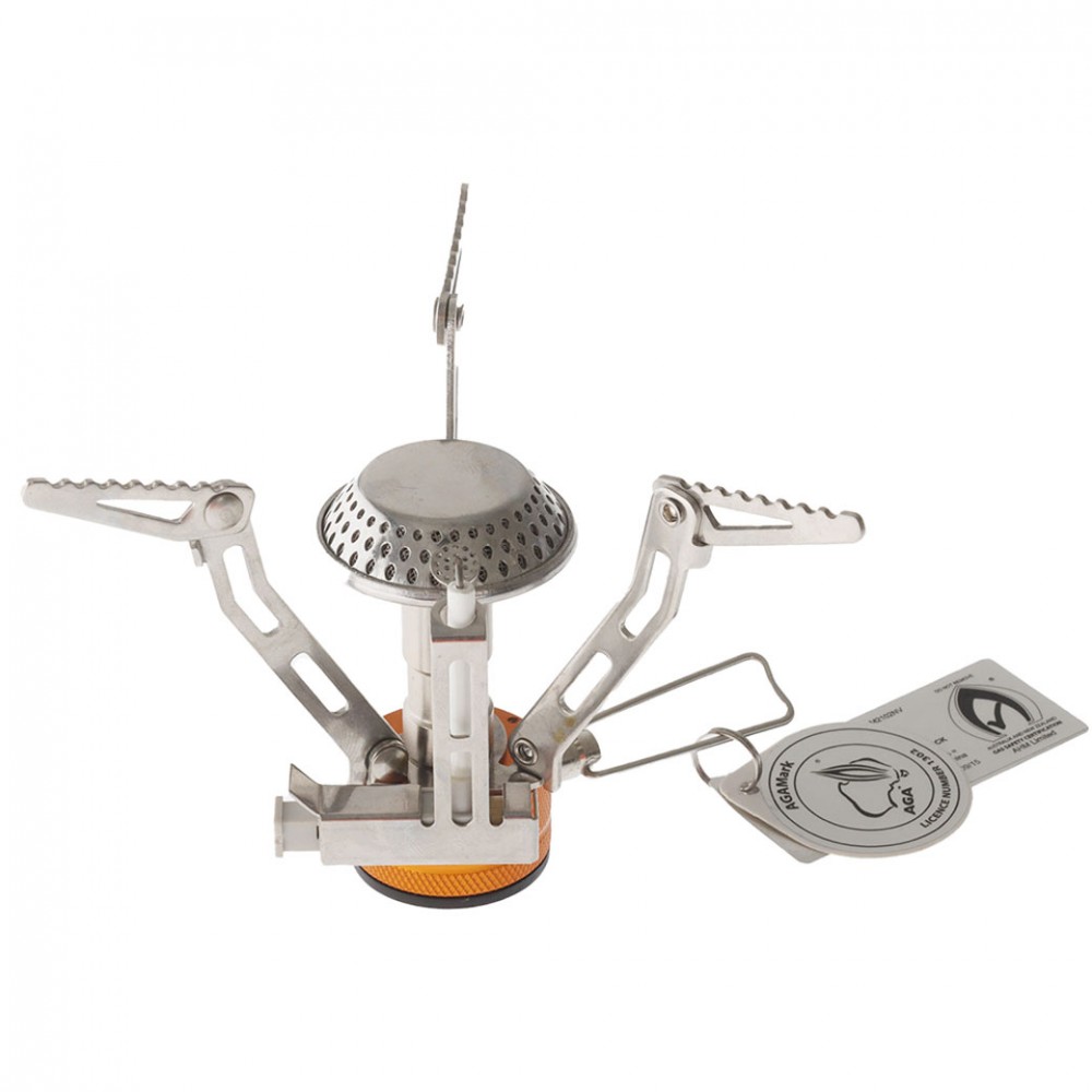 Campmaster Mini Piezo Camping Gas Stove Compact Campmaster mini piezo camping gas stove with foldable stainless steel pot supports and portable burner design.