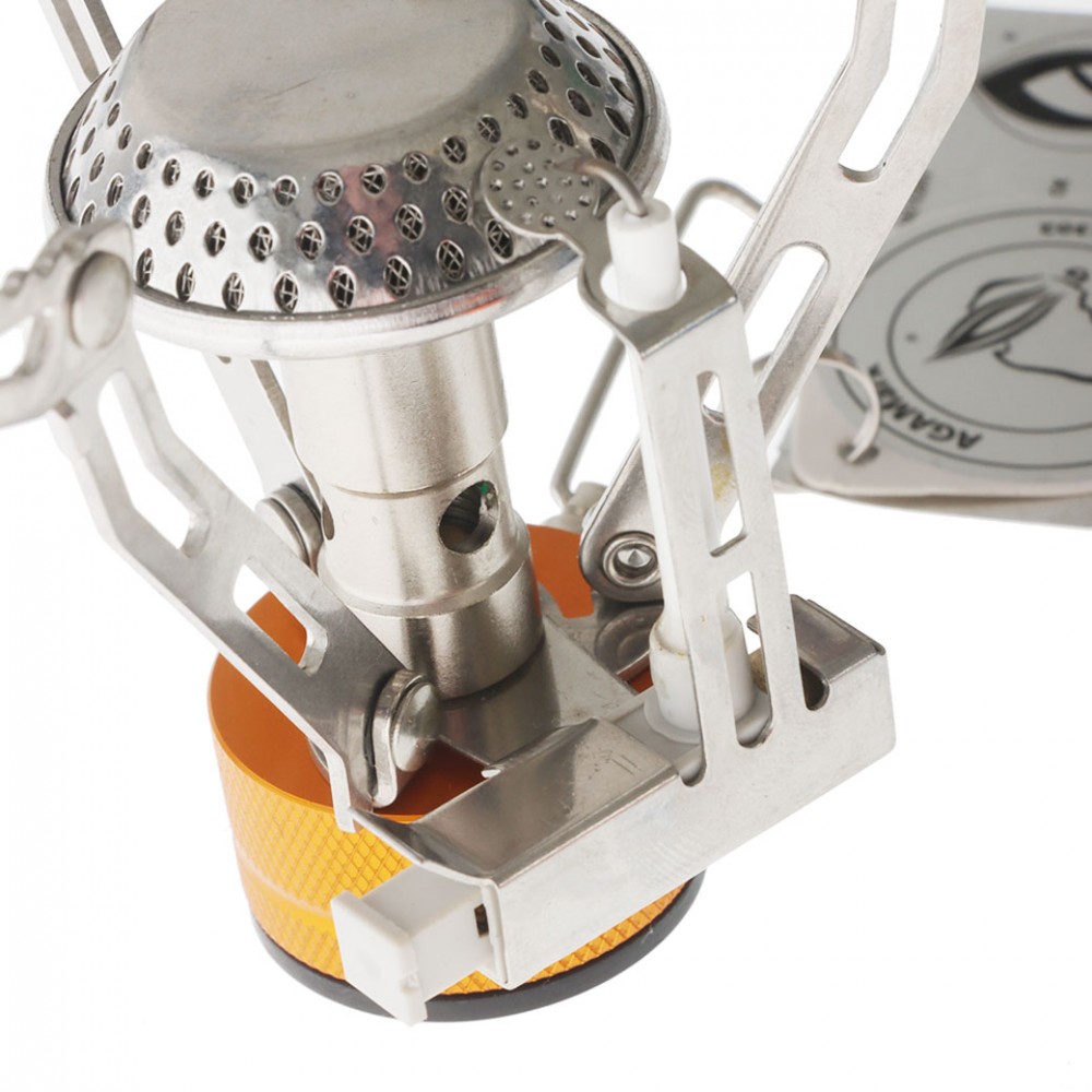Campmaster Mini Piezo Camping Gas Stove Compact Campmaster mini piezo camping gas stove with foldable stainless steel pot supports and portable burner design.