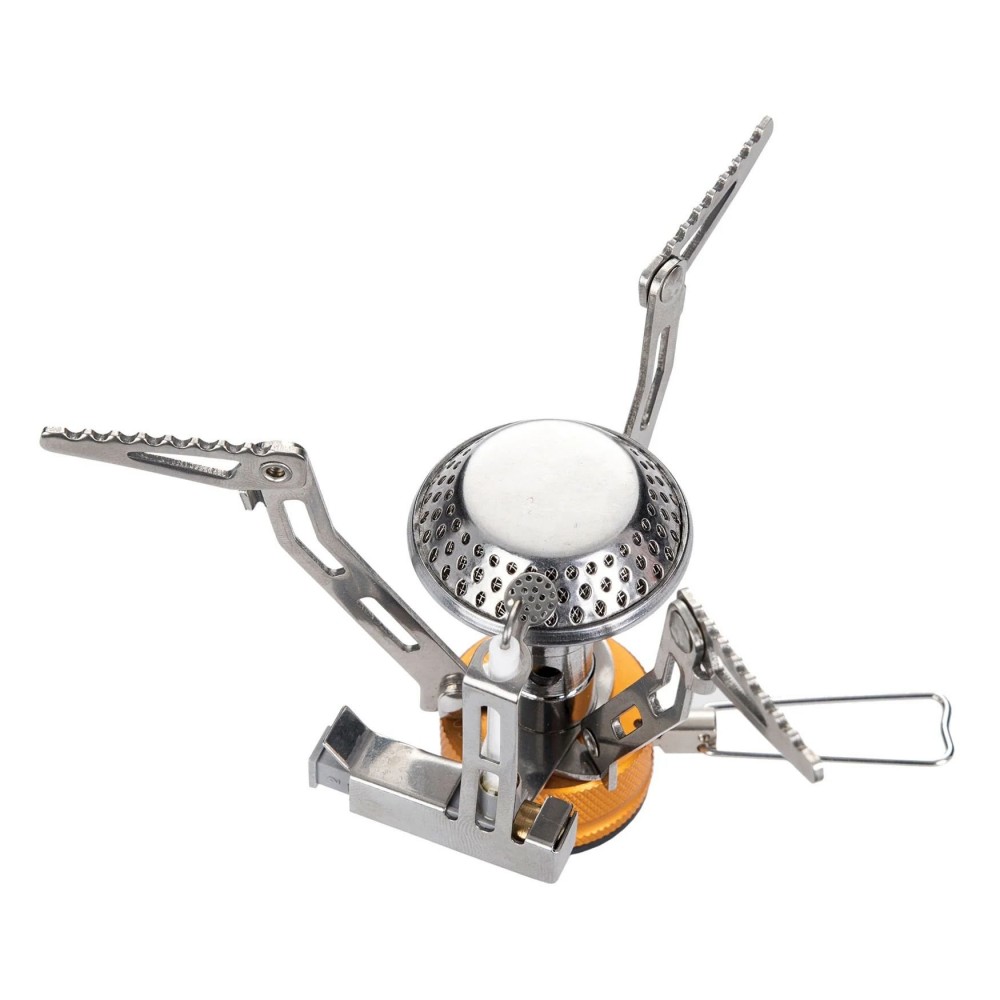 Campmaster Mini Piezo Camping Gas Stove Compact Campmaster mini piezo camping gas stove with foldable stainless steel pot supports and portable burner design.