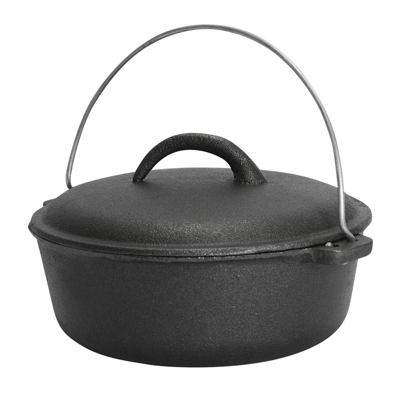 Campmaster 1.5L cast iron Dutch oven with fitted lid and metal carry handle, designed for camping and outdoor cooking.