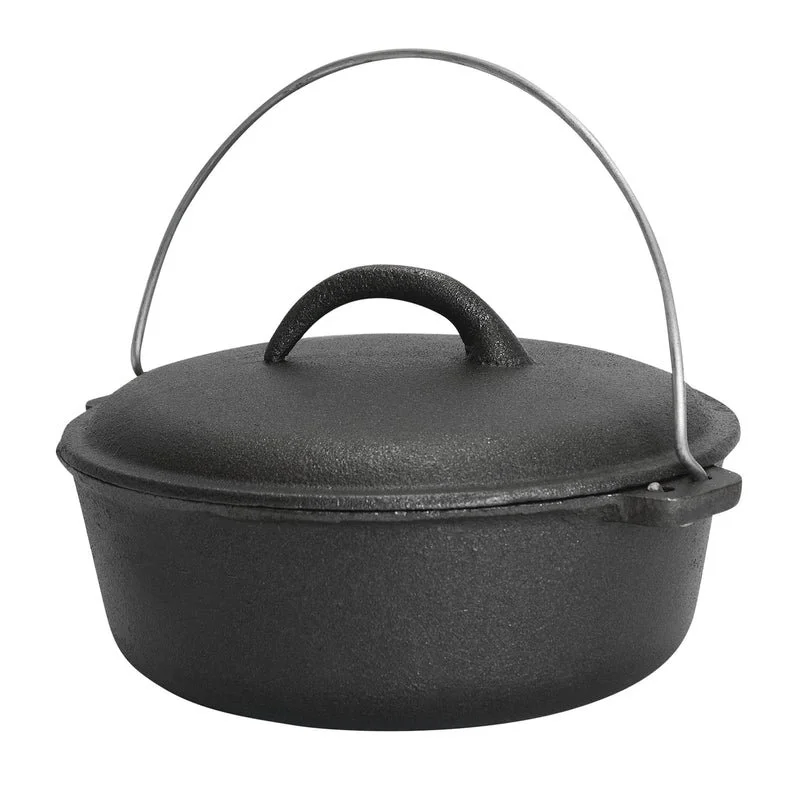 Campmaster Cast Iron Dutch Oven – 1.5L Campmaster 1.5L cast iron Dutch oven with fitted lid and metal carry handle, designed for camping and outdoor cooking.