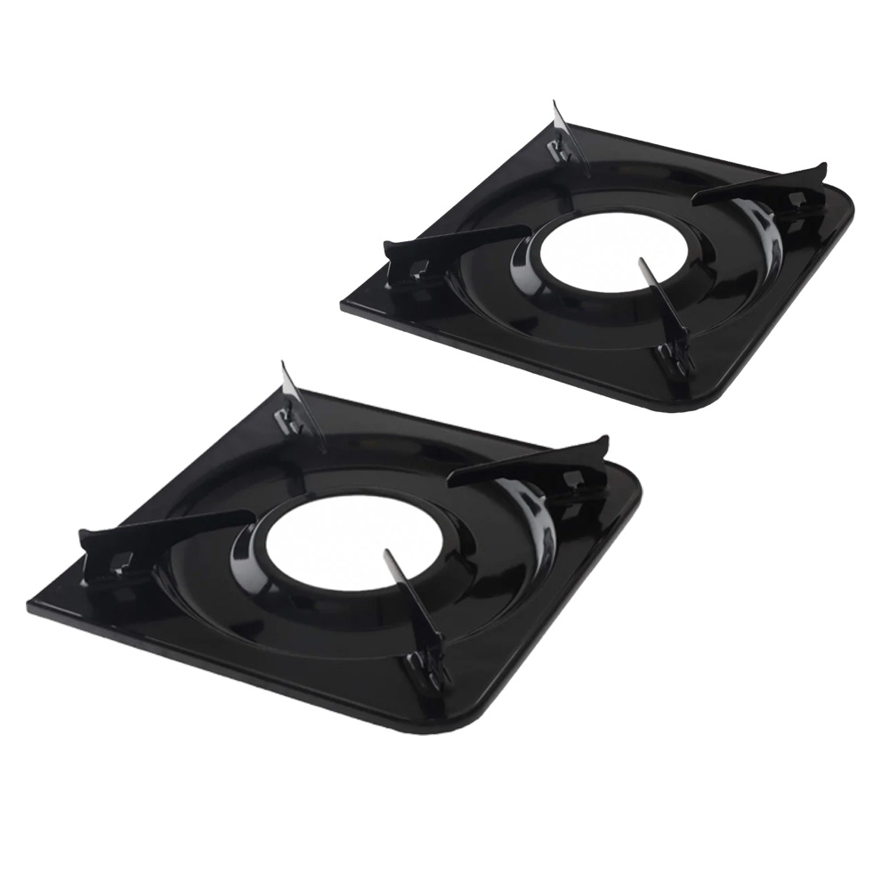 Black Campmaster gas cooker stand for supporting pots and frying pans, supplied as a two-piece set for camping stoves.