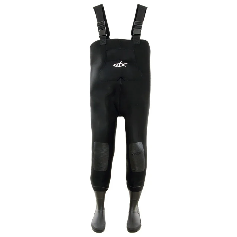 Black neoprene chest waders with adjustable shoulder straps, reinforced padded knee panels, integrated hand warmer chest pocket, and attached waterproof boots for fishing, hunting, and outdoor water activities.