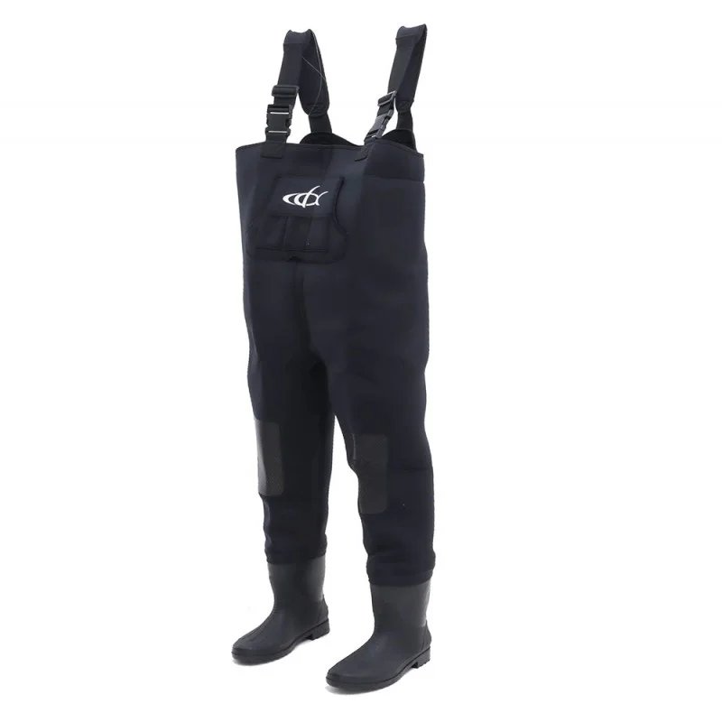 CDX 4.5mm neoprene chest waders in black with adjustable suspenders, front utility pocket, reinforced lower legs, and integrated waterproof boots, designed for fishing, hunting, and cold-water outdoor activities.