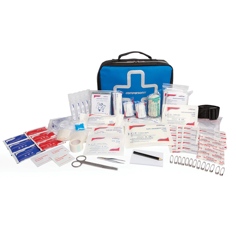 Comprehensive 98-piece family first aid kit with bandages, dressings, antiseptic supplies, scissors, and emergency essentials stored in a durable blue carry case.