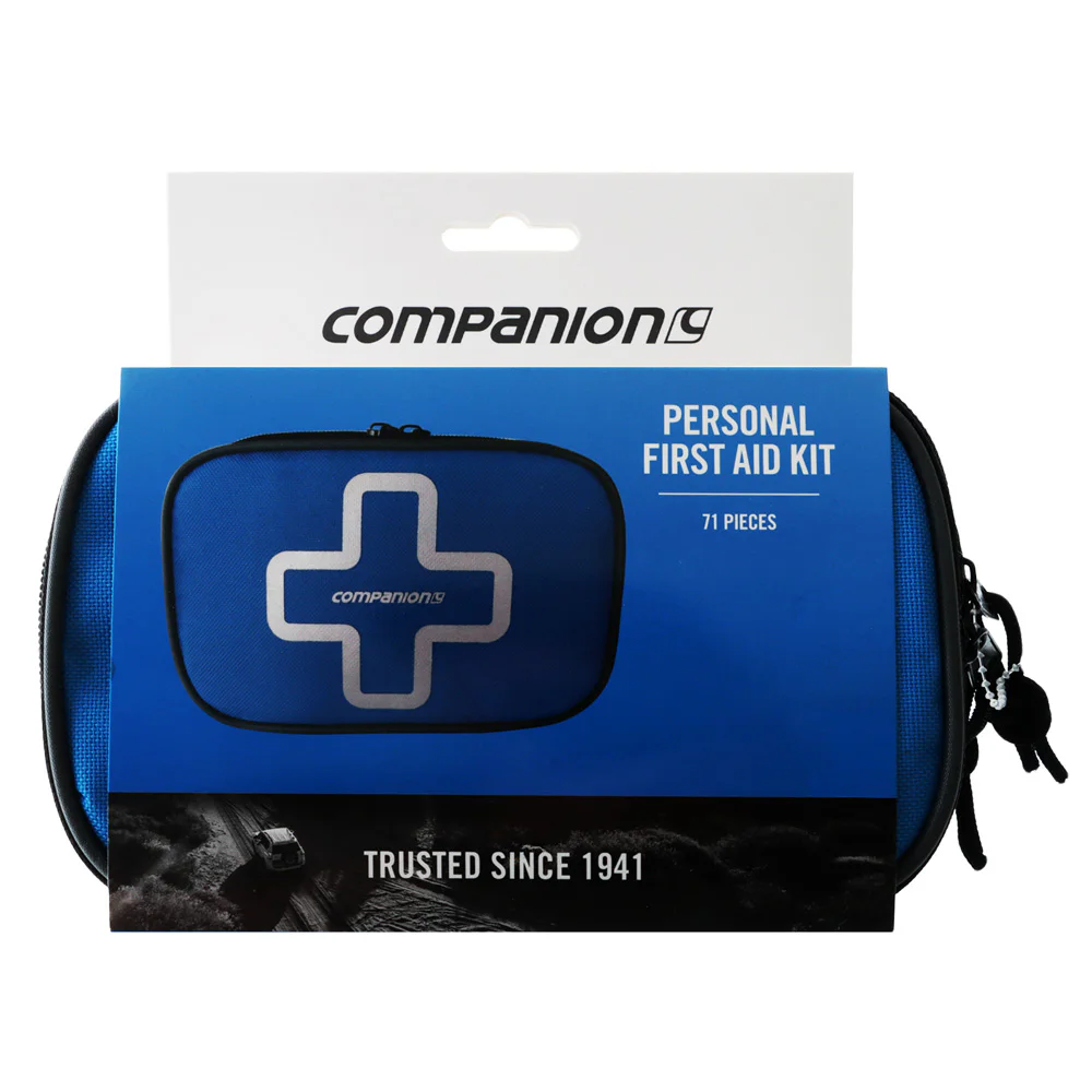Compact 71-piece personal first aid kit with bandages, dressings, adhesive strips, safety pins, and essential medical supplies stored in a portable zippered case.