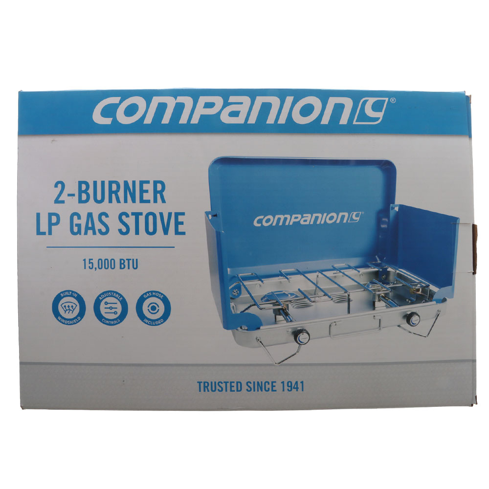 Companion Portable 2-Burner LPG Gas Stove Portable 2-burner LPG gas camping stove with a durable blue folding lid, wind guards, adjustable heat controls, and compact design for outdoor cooking.
