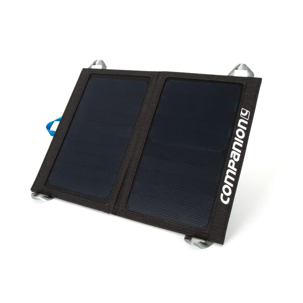 Portable 10W folding solar charger panel with dual high-efficiency solar cells, lightweight design, and integrated loops for camping, hiking, and outdoor power charging.