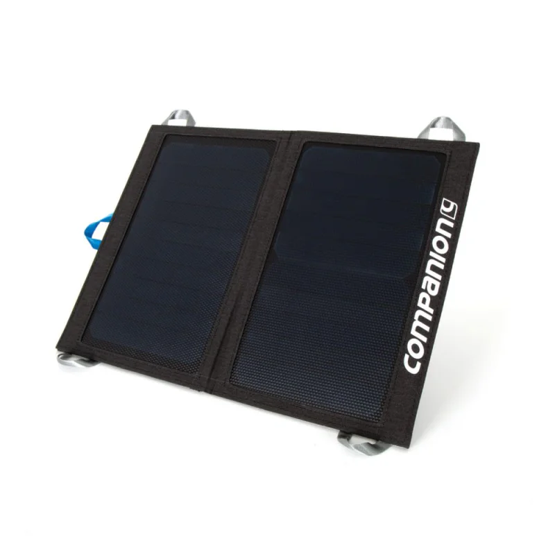 Portable 10W folding solar charger panel with dual high-efficiency solar cells, lightweight design, and integrated loops for camping, hiking, and outdoor power charging.