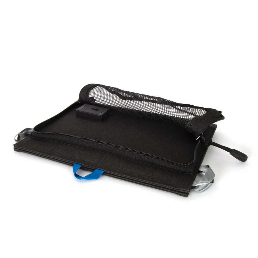 Portable 10W folding solar charger panel with dual high-efficiency solar cells, lightweight design, and integrated loops for camping, hiking, and outdoor power charging.