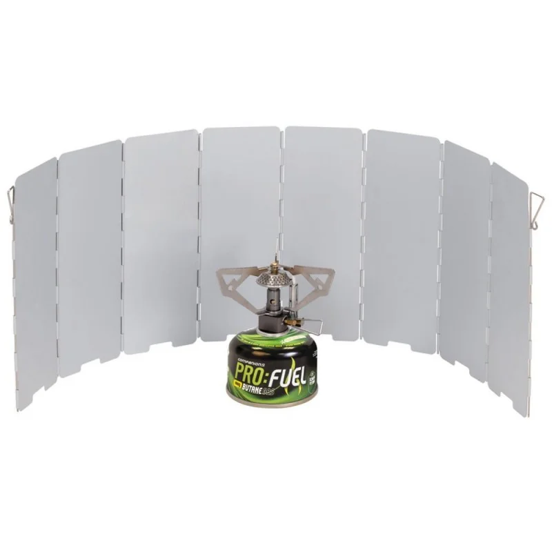 Lightweight foldable aluminum windscreen for the Companion Pro Nano camp stove, designed to shield flames from wind and improve cooking efficiency outdoors.