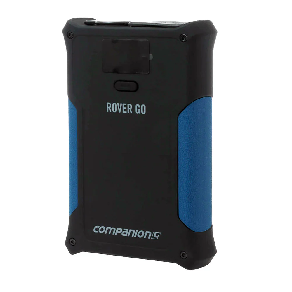 Companion Rover Go 39600mAh portable power bank with rugged black and blue impact-resistant casing, digital battery display, high-capacity rechargeable battery, and multiple charging outputs for camping, caravanning, travel, and emergency backup power.