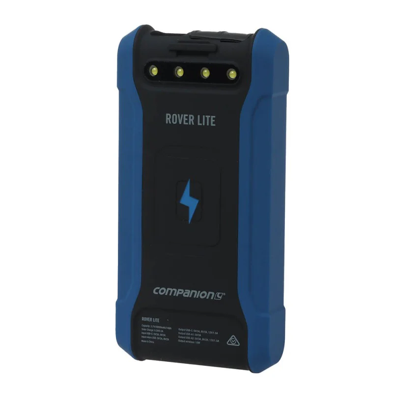 Companion Rover Lite 20000mAh portable power bank featuring a rugged blue and black housing, integrated LED light panel, high-capacity rechargeable battery, and USB charging ports for camping, travel, emergencies, and outdoor adventures.
