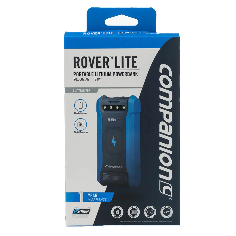 Companion Rover Lite 20000mAh portable power bank featuring a rugged blue and black housing, integrated LED light panel, high-capacity rechargeable battery, and USB charging ports for camping, travel, emergencies, and outdoor adventures.