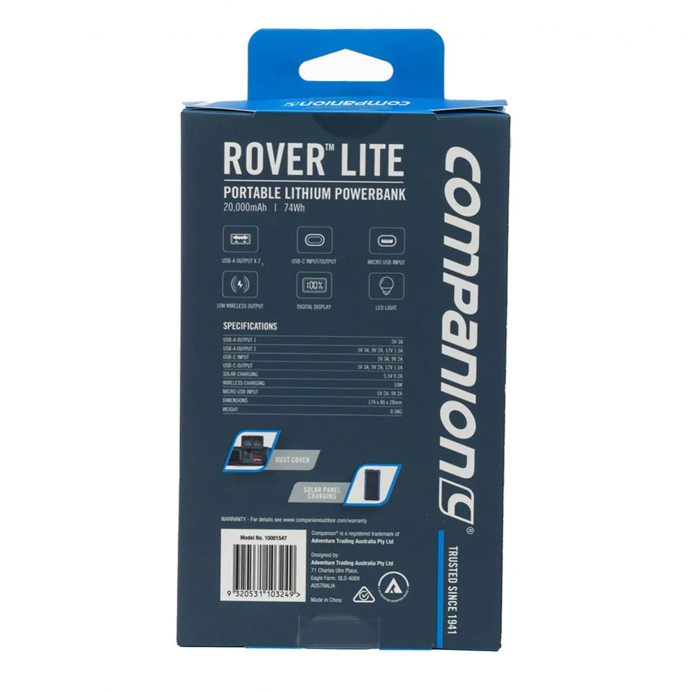 Companion Rover Lite 20000mAh portable power bank featuring a rugged blue and black housing, integrated LED light panel, high-capacity rechargeable battery, and USB charging ports for camping, travel, emergencies, and outdoor adventures.