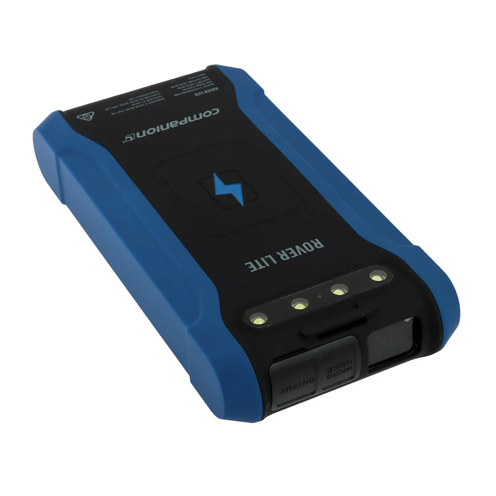 Companion Rover Lite 20000mAh portable power bank featuring a rugged blue and black housing, integrated LED light panel, high-capacity rechargeable battery, and USB charging ports for camping, travel, emergencies, and outdoor adventures.