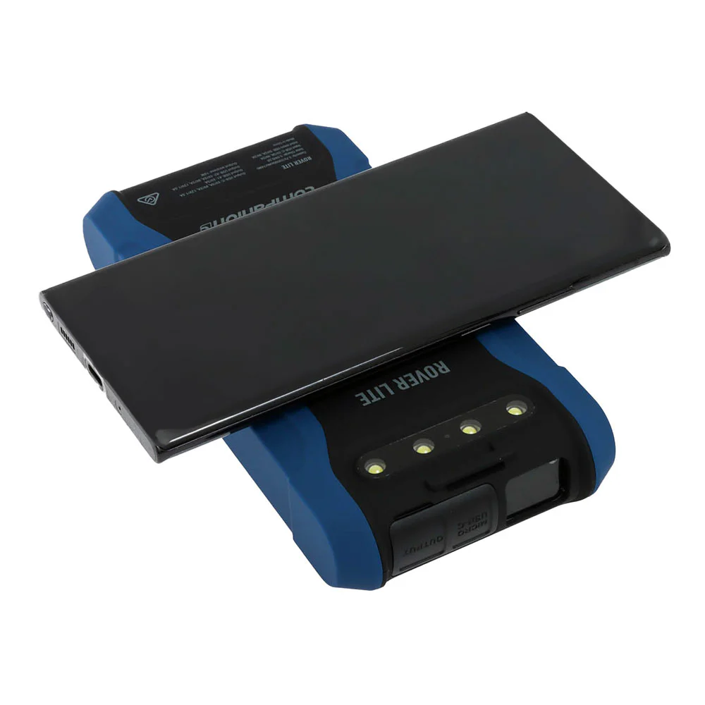 Companion Rover Lite 20000mAh portable power bank featuring a rugged blue and black housing, integrated LED light panel, high-capacity rechargeable battery, and USB charging ports for camping, travel, emergencies, and outdoor adventures.