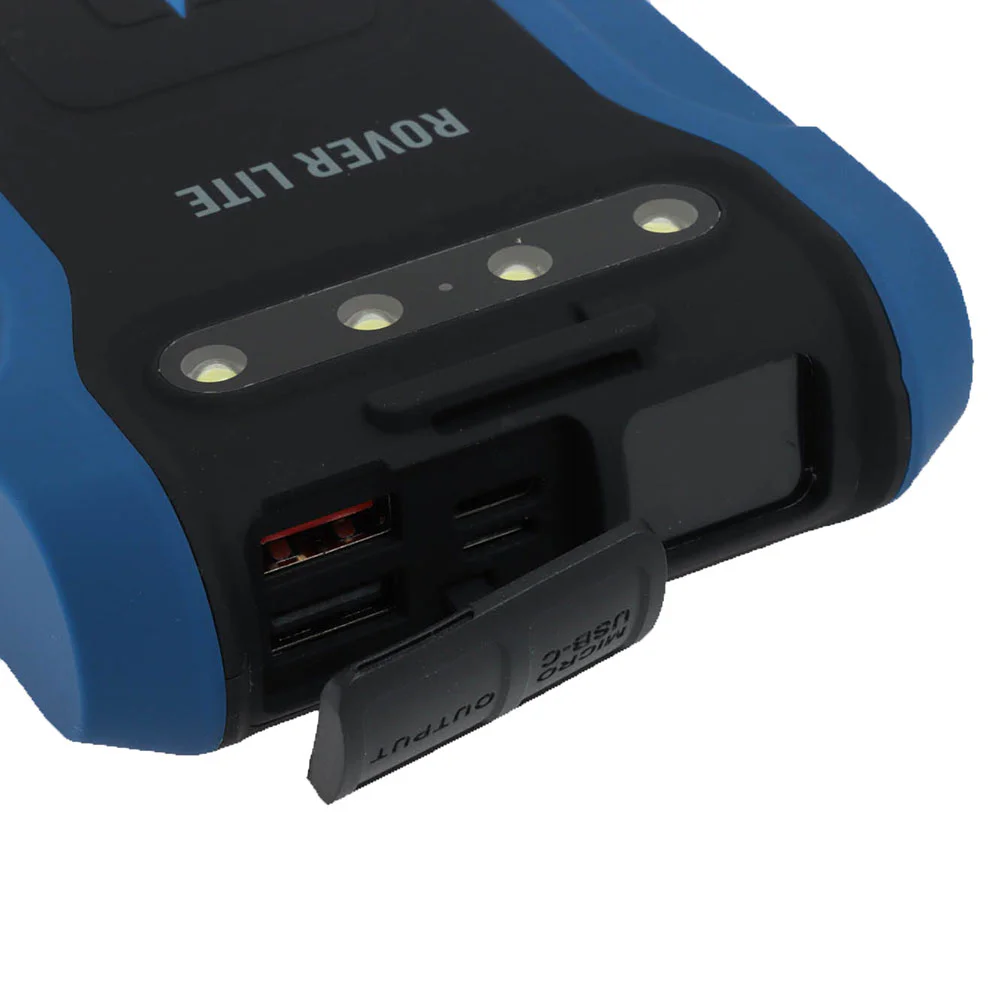 Companion Rover Lite 20000mAh portable power bank featuring a rugged blue and black housing, integrated LED light panel, high-capacity rechargeable battery, and USB charging ports for camping, travel, emergencies, and outdoor adventures.