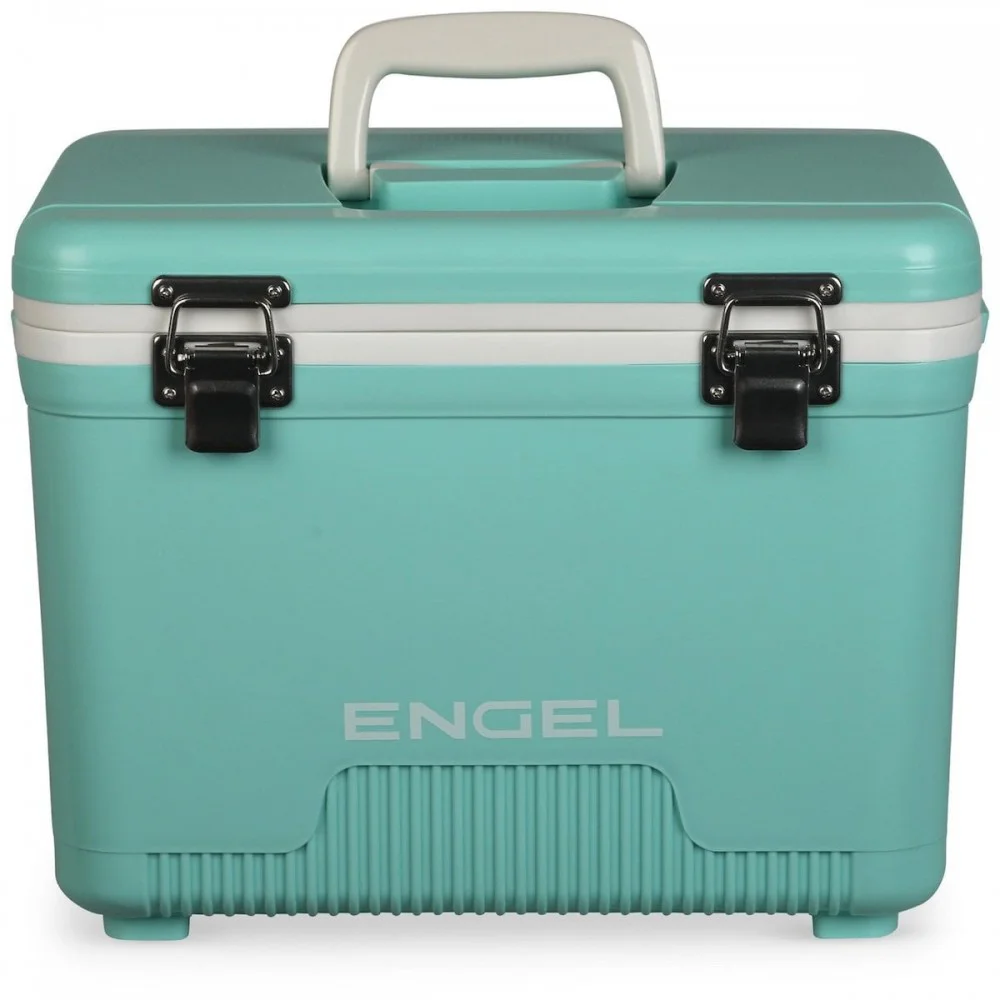 Engel 18L Chilly Bin Cooler Dry Box in blue with secure dual metal latches, integrated carry handle, insulated construction, and durable hard-shell design, ideal for camping, fishing, boating, picnics, beach trips, and outdoor food and drink storage.
