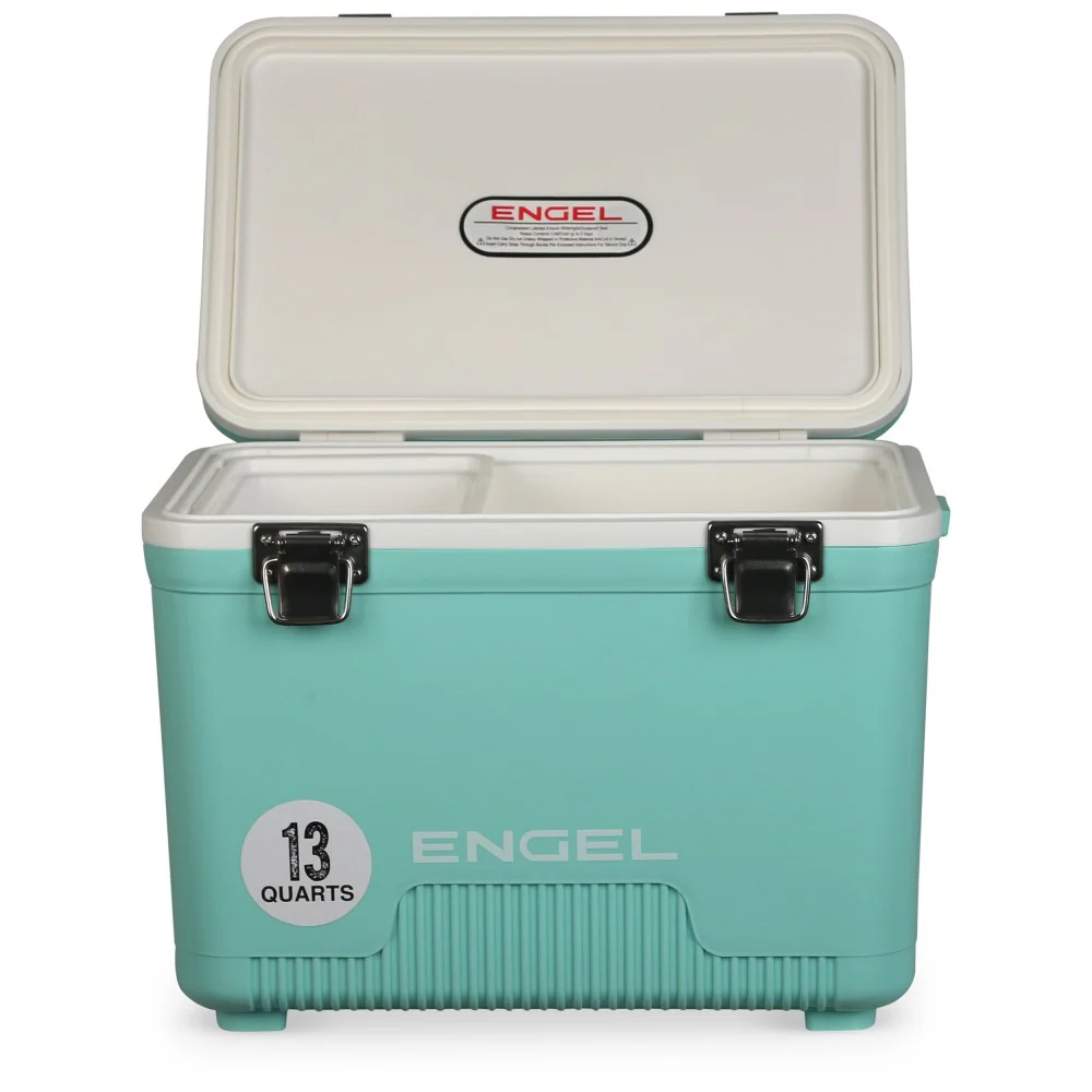 Engel 18L Chilly Bin Cooler Dry Box in blue with secure dual metal latches, integrated carry handle, insulated construction, and durable hard-shell design, ideal for camping, fishing, boating, picnics, beach trips, and outdoor food and drink storage.