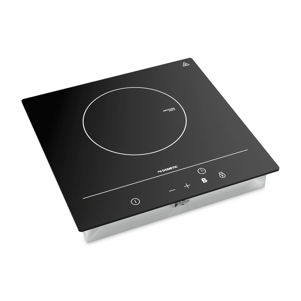 Dometic 1-zone induction cooktop with sleek black glass surface, touch controls and portable design for camping, caravanning, motorhomes and energy-efficient outdoor cooking applications