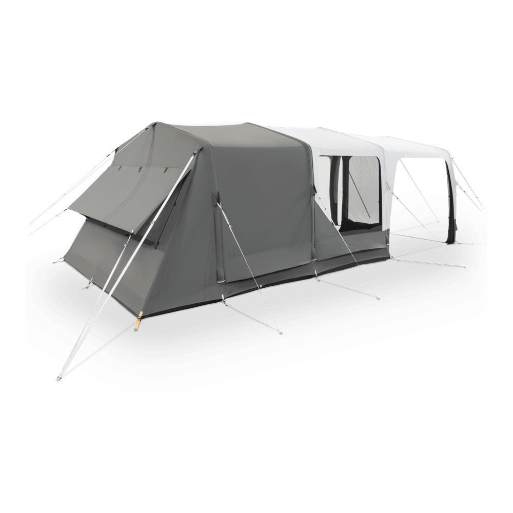 Dometic Santorini FTK 8-person inflatable air tent with spacious multi-room layout, large front awning, panoramic windows and fast-pitch air frame design for family camping, touring and extended outdoor adventures