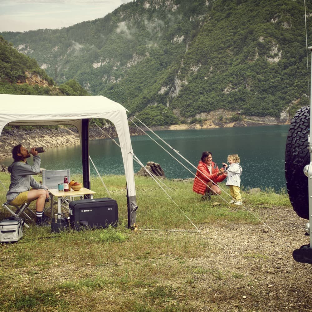 Dometic Santorini FTK 8-person inflatable air tent with spacious multi-room layout, large front awning, panoramic windows and fast-pitch air frame design for family camping, touring and extended outdoor adventures
