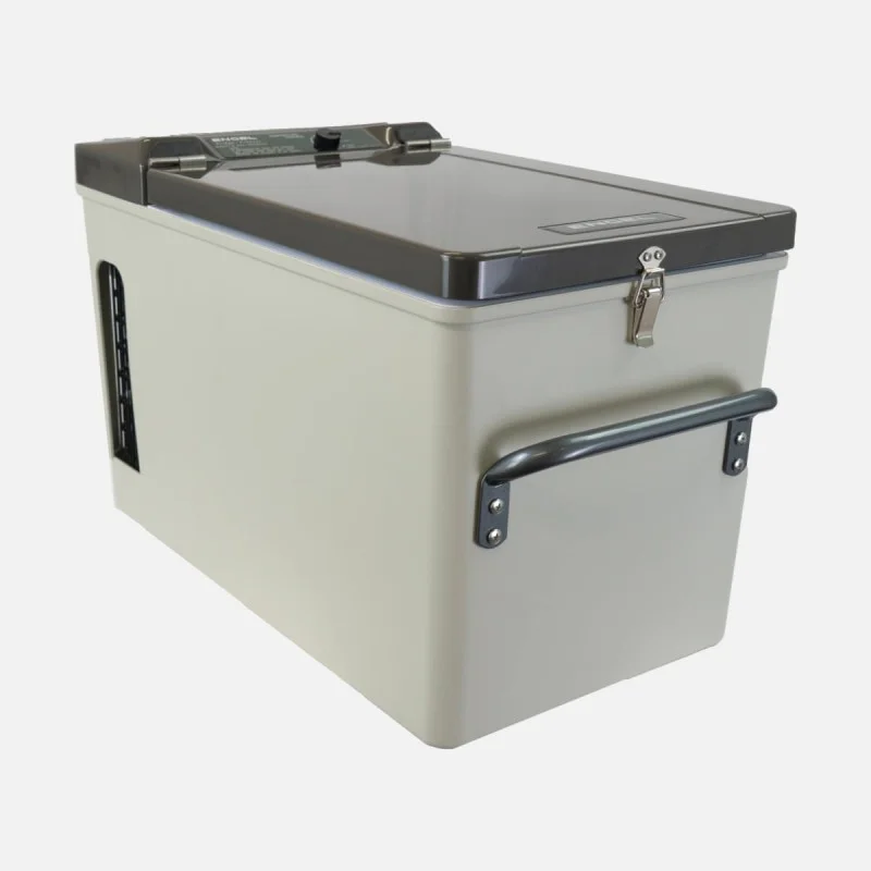 Engel 15 litre portable fridge-freezer with a durable metal cabinet, secure locking lid, carry handles, and compact design, ideal for camping, four-wheel driving, boating, caravanning, and outdoor food and drink storage.