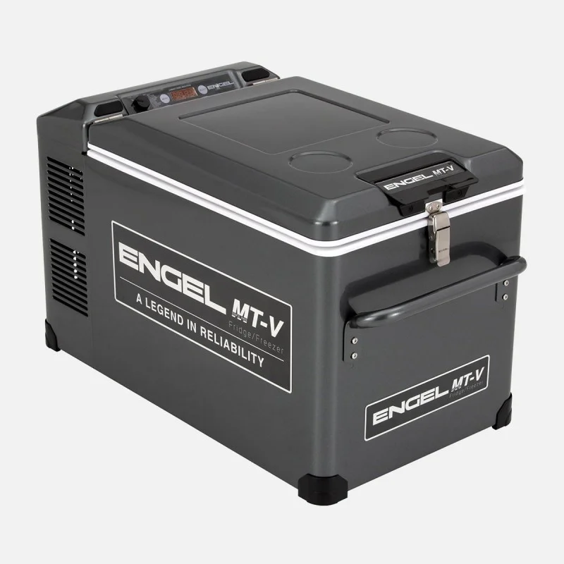 Engel MT-V 32 litre portable fridge-freezer with a durable grey powder-coated steel cabinet, secure locking lid, digital temperature controls, and sturdy carry handles, ideal for camping, caravanning, 4WD touring, boating, and off-grid refrigeration.