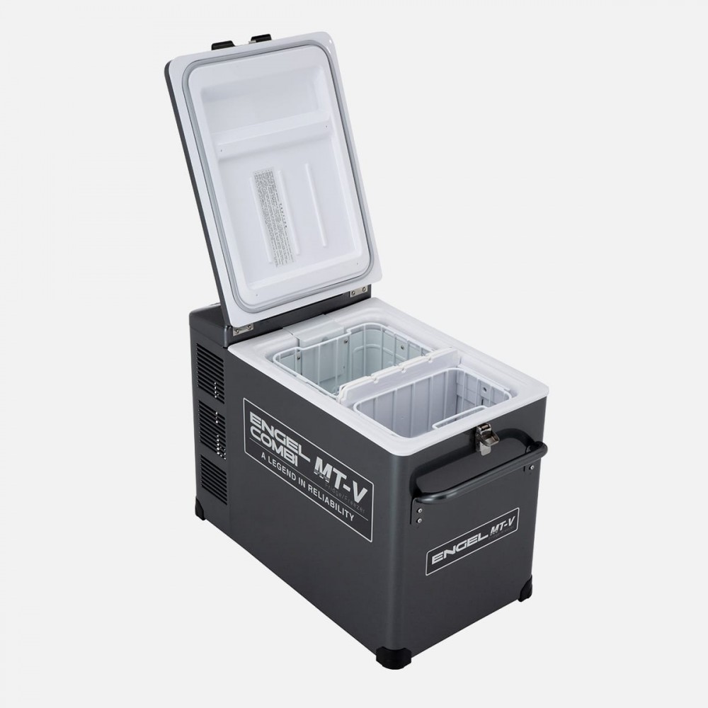 Engel MT-V Combi 39L portable fridge freezer with separate fridge and freezer compartments, rugged grey powder-coated steel cabinet, digital temperature controls, secure locking lid, and heavy-duty carry handle for camping, caravanning, 4WD touring, boati