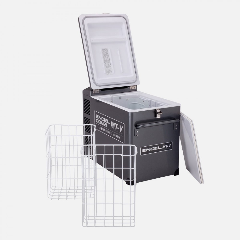 Engel MT-V Combi 39L portable fridge freezer with separate fridge and freezer compartments, rugged grey powder-coated steel cabinet, digital temperature controls, secure locking lid, and heavy-duty carry handle for camping, caravanning, 4WD touring, boati
