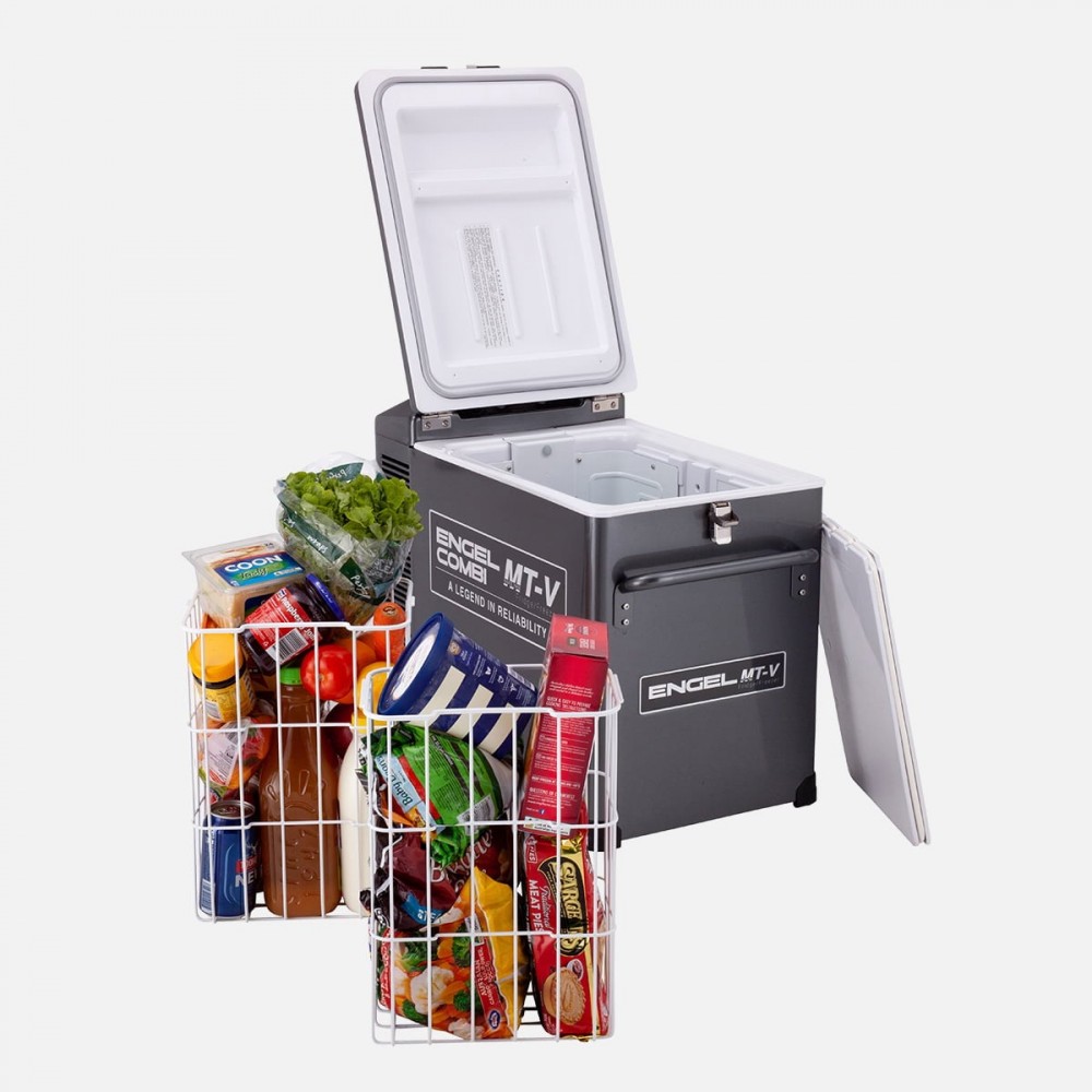 Engel MT-V Combi 39L portable fridge freezer with separate fridge and freezer compartments, rugged grey powder-coated steel cabinet, digital temperature controls, secure locking lid, and heavy-duty carry handle for camping, caravanning, 4WD touring, boati