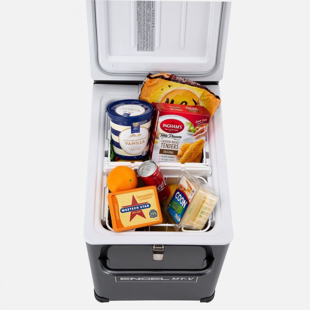 Engel MT-V Combi 39L portable fridge freezer with separate fridge and freezer compartments, rugged grey powder-coated steel cabinet, digital temperature controls, secure locking lid, and heavy-duty carry handle for camping, caravanning, 4WD touring, boati